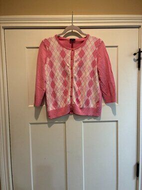 Talbots NWOT Pink Argyle 3/4 Sleeve Cotton Silk Cardigan Sweater Size PETITE M
